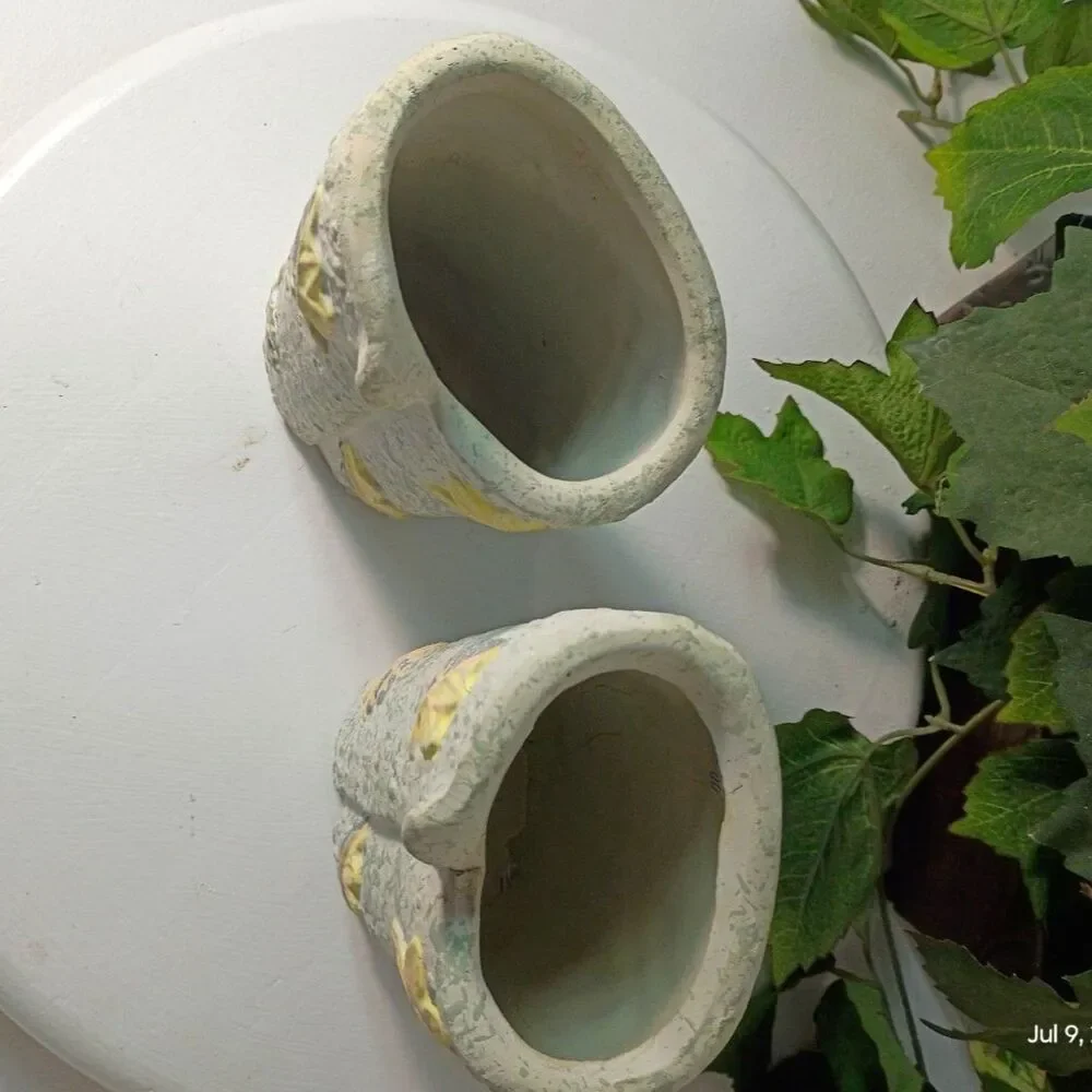 Handcrafted White Ceramic Vases with Yellow Leaves, Handpainted Clay Pottery